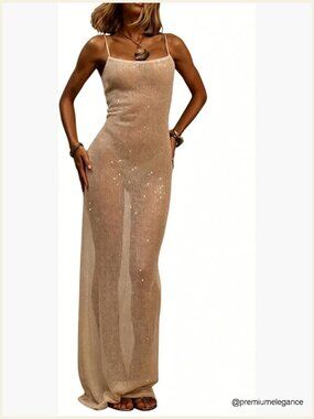 Sequin Mesh Fishtail Maxi Dress Sleeveless Sparkly Formal